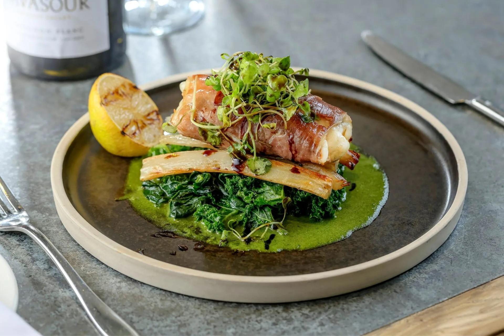 Monkfish tail wrapped with Serrano ham