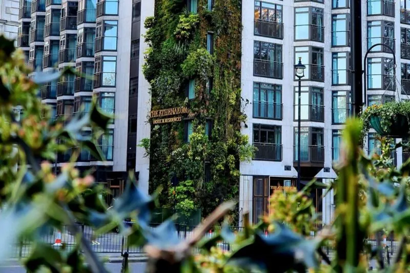The Athenaeum Hotel and Residences exterior and living wall.